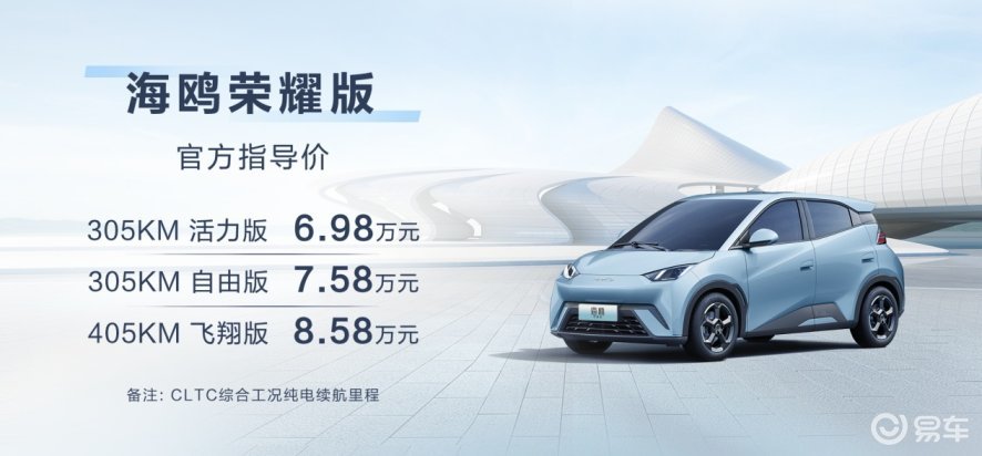 比亚迪海鸥荣耀版上市，6.98万起售